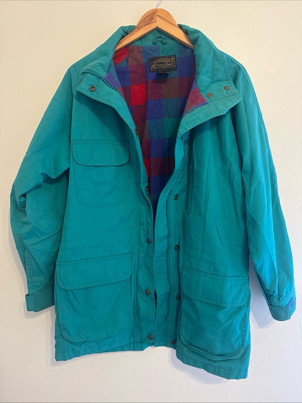 Eddie Bauer Jacket Womens Large Parka Plaid Wool Lined Pockets Outdoor Green VTG